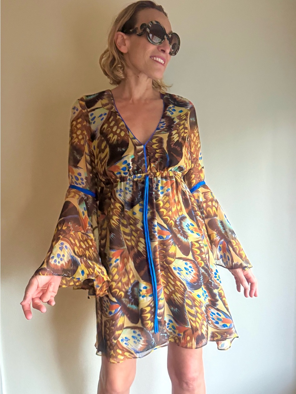 Silk Butterfly Yellow Brown Printed baby doll mini dress with bell sleeves